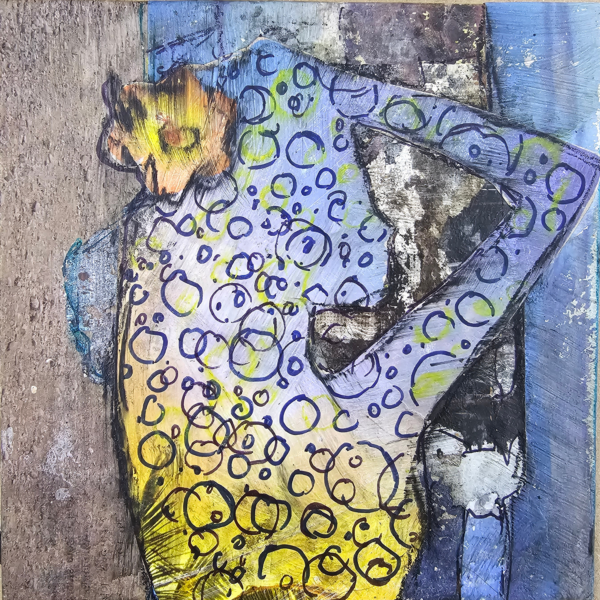 Image of a woman with flowers in her hair and blue and yellow circles