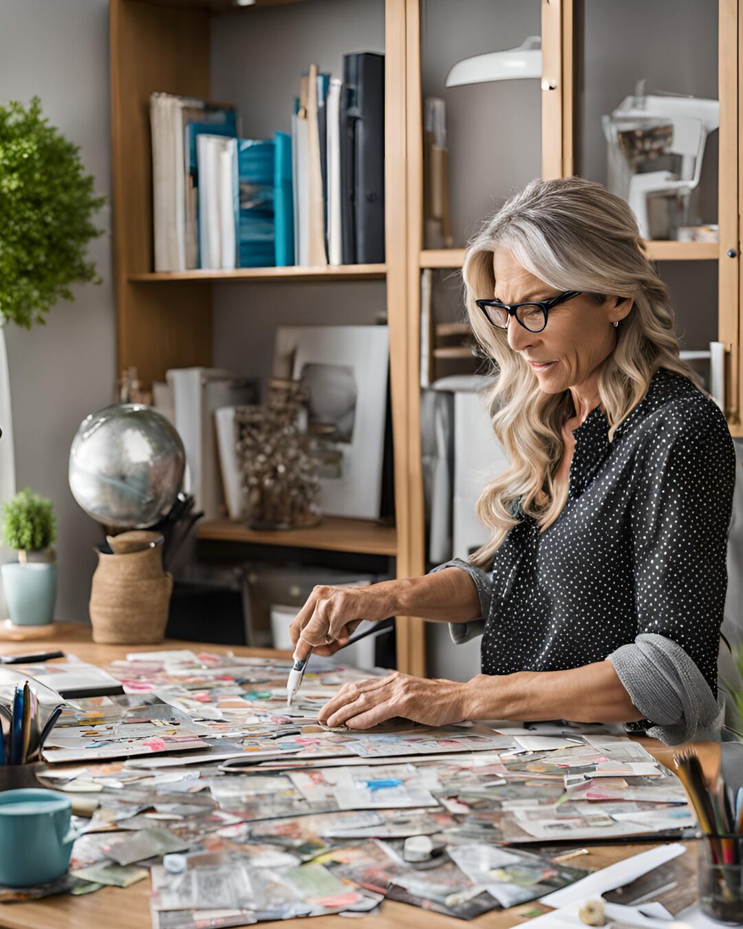 Woman at a desk making a collage